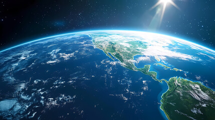 Earth from Space: A Serene Blue and Green Orb with a Bright Sun