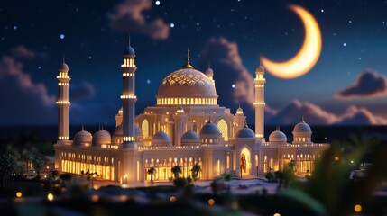 Obraz premium Illuminated Mosque at Night under Crescent Moon