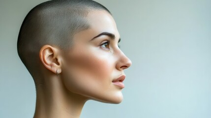 Fototapeta premium A woman stands confidently with her shaved head displayed prominently. Her profile reveals delicate facial features, set against a softly lit background