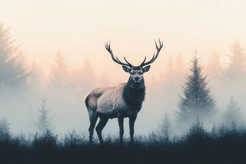 Majestic Red Deer Stag in Misty Forest at Dawn Wildlife Photography