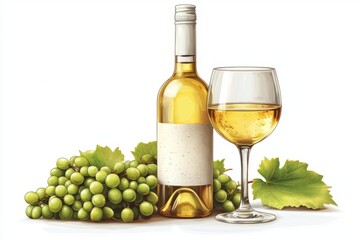 White Wine Bottle Glass and Grapes Fresh Crisp and Ready to Serve