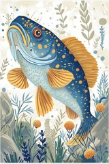 Naklejka premium A colorful illustration of a fish surrounded by aquatic plants and bubbles.