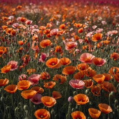 Obraz premium A vivid field of wild poppies in red, orange, and pink, a celebration of nature’s colors, transparent background.