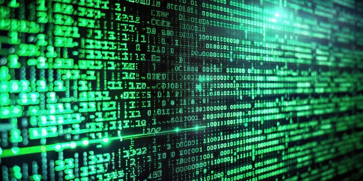 Dark background with glowing green code on a high-resolution screen displaying complex commands and lines of text in a futuristic font, Linux terminal, Technology