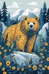 A stylized bear stands amidst wildflowers and mountains, showcasing nature's beauty.