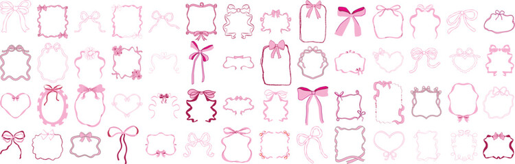 Set of frames with coquette pretty charming bows, hearts, cherry berry, stars. Hand drawn trendy ribbons border. Vintage elements for greeting cards, wedding, invitations, social media 
