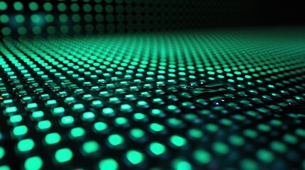 Fototapeta premium Bright green illuminated dots create a mesmerizing visual pattern on a dark surface in a modern setting during nighttime