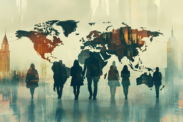 Global Citizens: A group of people, silhouetted against a cityscape, are seen walking towards the world map, representing international connections.