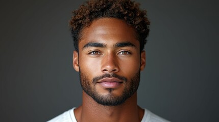 Obraz premium The young man gazes directly at the viewer with an intense expression, showcasing his curly hair and striking blue-grey eyes, enhancing the captivating mood of the moment