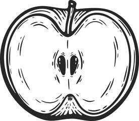 Apple slice half piece fruit organic food vegetarian snack engraving hand drawn illustration black white isolated vintage line art sketch silhouette graphic style poster label web	