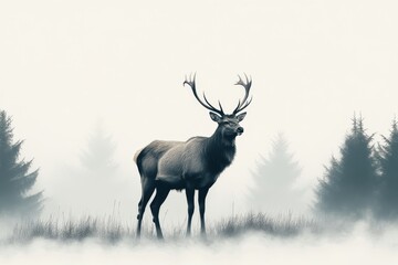 Fototapeta premium Majestic Red Deer Stag in Misty Foggy Forest Wildlife Nature Scene