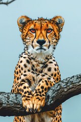 Fototapeta premium A close-up of a cheetah resting on a branch, showcasing its striking features and fur patterns.