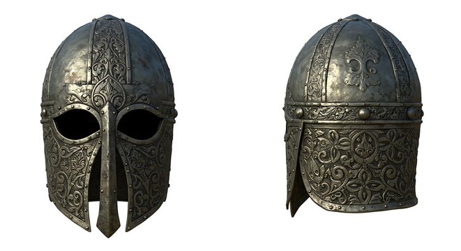 Medieval Knight's Helmet with Intricate Detailing on White Background