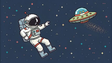 Pixel astronaut floating space with a tiny pixe