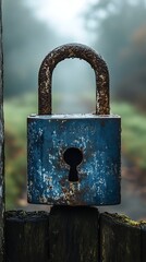 Rusty padlock on wooden fence, foggy path