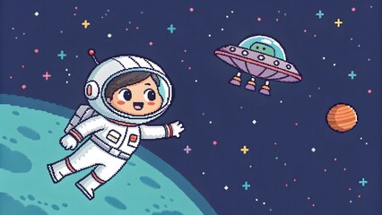 Pixel astronaut floating space with a tiny pixe