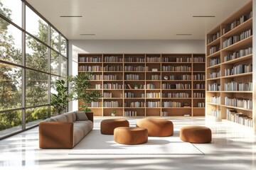 Modern Library Interior Design Spacious Room with Large Bookshelves Comfortable Sofa Ottomans