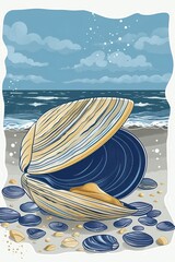 Obraz premium A large, open clam shell on a beach with smaller shells and ocean waves in the background.