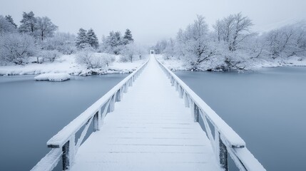 Obraz premium Snowy bridge over calm water, winter landscape, serenity
