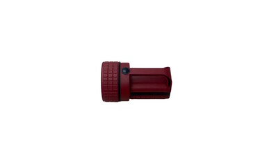 A red used flashlight with a textured grip isolated against white background