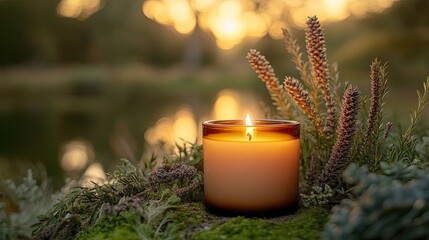 Warm amber candle softly glowing, surrounded by natural elements