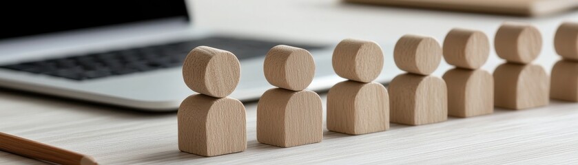 Wooden Toy Figures in a Row with Laptop in Background for Creative Project Concept and Teamwork Illustration