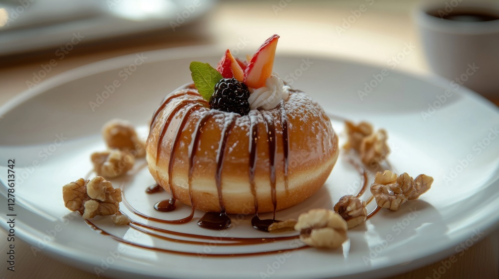 Poster an artistic shot of a donut with a drizzle of caramel or icing, placed on a white plate with a few n