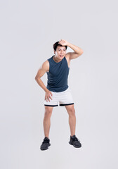 Portrait of healthy Asian man exercising on white background