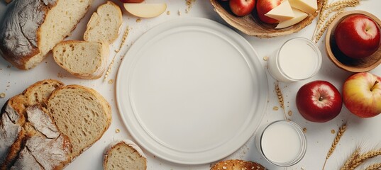 Rustic Breakfast Scene with Bread, Cheese, Milk, and Apples on a White Table,

