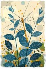 A stylized illustration of a mosquito perched on vibrant green leaves against a soft background.