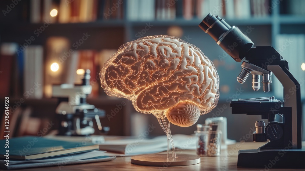 Poster an image of a brain model with various neurological connections highlighted, placed on a desk with e