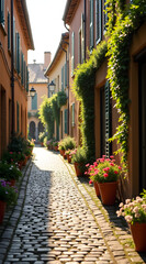 Fototapeta premium A charming cobblestone alleyway is adorned with vibrant flower pots, flanked by picturesque buildings basking in warm sunlight creating a serene atmosphere