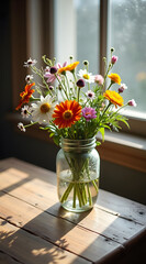 A vibrant bouquet of colorful flowers in a glass jar sits on a rustic wooden table, basking in warm sunlight near a window