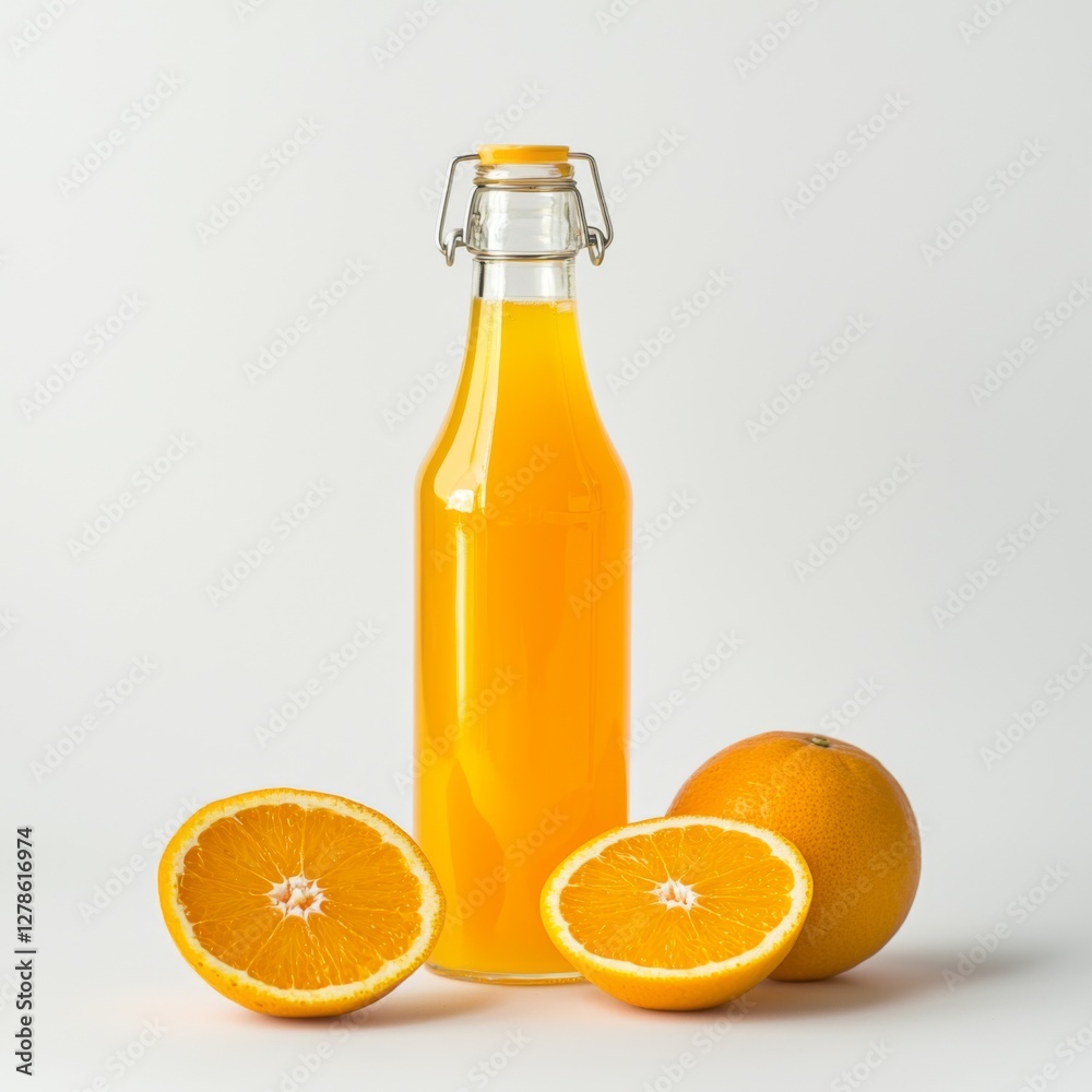 Poster A bottle of orange juice with an open cap, isolated on a white background to highlight the refreshing content.