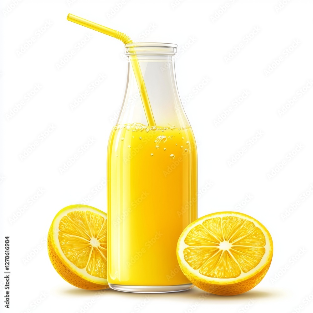 Aufkleber A bottle of orange juice with a straw and an orange slice on the rim, isolated on a pure white background for a refreshing look.