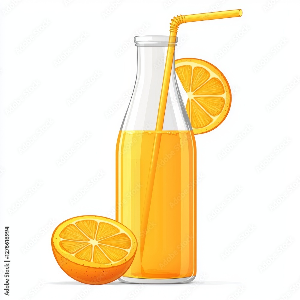 Aufkleber A bottle of orange juice with a straw and an orange slice on the rim, isolated on a pure white background for a refreshing look.
