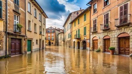 Fototapeta premium Waterlogged facades and empty streets in a deserted Emilia Romagna town after heavy rainfall, flooded buildings, old buildings flooded
