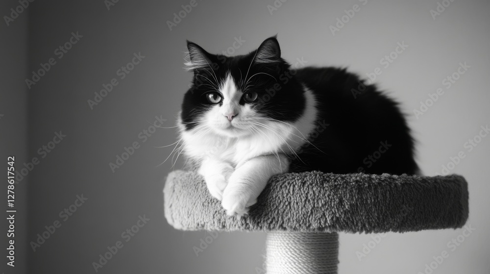 Poster a chubby black-and-white cat perched on top of a cat tree, looking down with a regal expression, its