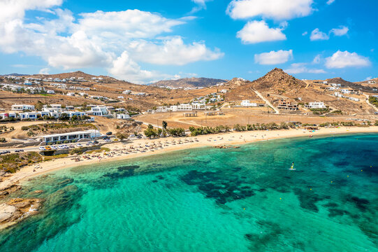Aerial drone view of Kalafatis beach. Mykonos island, Greece.
