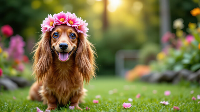 Adorable long-haired Dachshund wearing a flower crown, standing in a grassy area with flowers behind it.