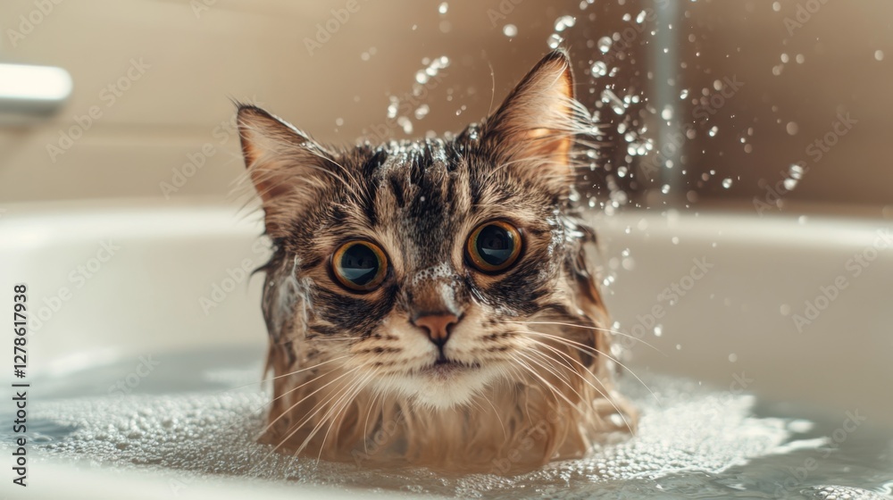 Poster a close-up of a cat sitting in a shallow bath with gentle water splashing around, showing its curiou