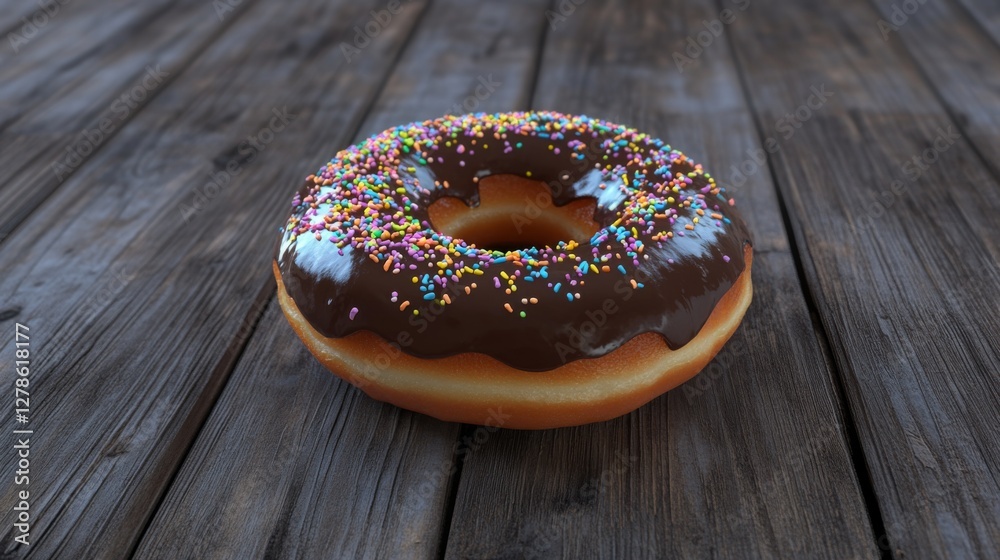 Poster a close-up of a delicious donut with glossy chocolate glaze and colorful sprinkles, placed on a rust