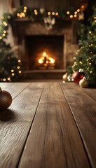 Cozy christmas scene featuring a fireplace and wooden table