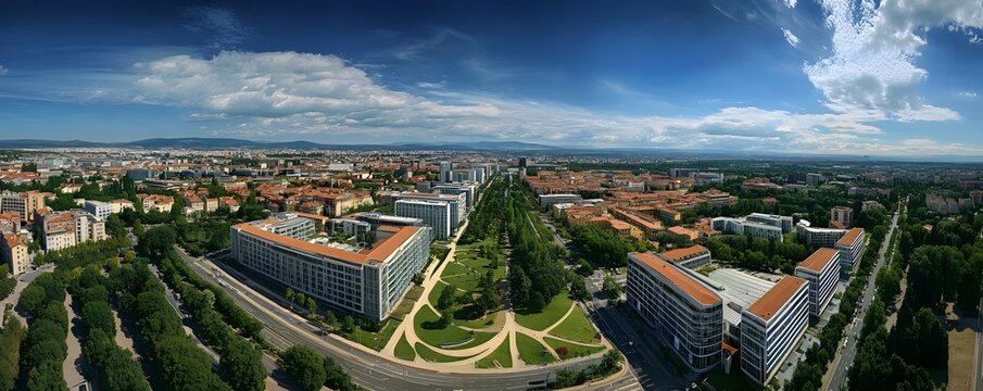 The architectural beauty of Lyon Business District, with sleek glass buildings towering above green parks and wide streets bustling with city life