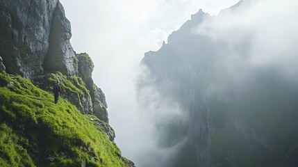 A hiker climbing up the side of an alpine cliff, surrounded by misty clouds and lush green grass. The mountain is towering in front with sharp rocks visible through the fog.
