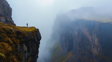 A hiker climbing up the side of an alpine cliff, surrounded by misty clouds and lush green grass. The mountain is towering in front with sharp rocks visible through the fog.