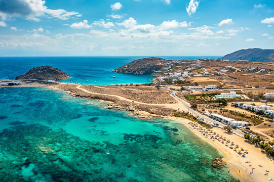 Aerial drone view of Kalafatis beach. Mykonos island, Greece.