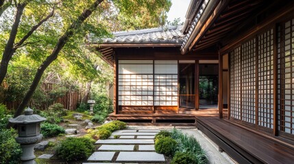 A close-up of a Japanese house facade, highlighting the intricate wooden latticework, sliding shoji screens, and a tranquil garden with stone lanterns.