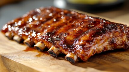 A close-up of a mouthwatering rack of pork ribs, with a caramelized glaze and visible seasoning, placed on a wooden cutting board ready for serving.