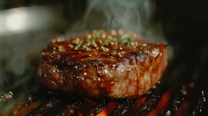 A close-up of a juicy steak on a sizzling hot grill, with beautiful grill marks and a hint of smoky char, ready to be served with a side of herbs and spices.